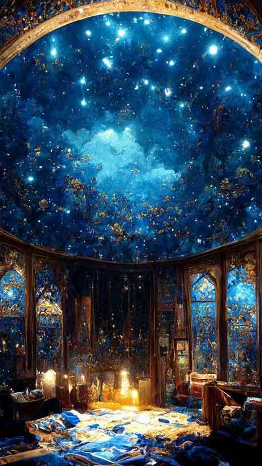 an artistic painting of a bedroom with stars in the ceiling and blue sky above it