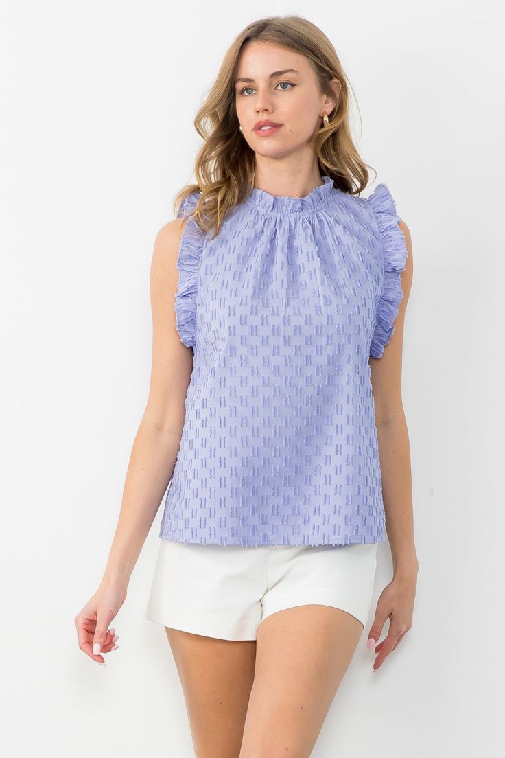 Abby Ruffle Sleeve Textured Top Lavender - THML - Color Game Textured Top, Romper And Jacket, Jumpsuit Jacket, Back Neck, Jacquard Fabric, Cami Tanks, Scarf Hairstyles, Orange And Purple, Ruffle Trim