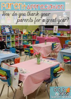 a classroom filled with tables and chairs covered in pink tablecloths for children's birthday party