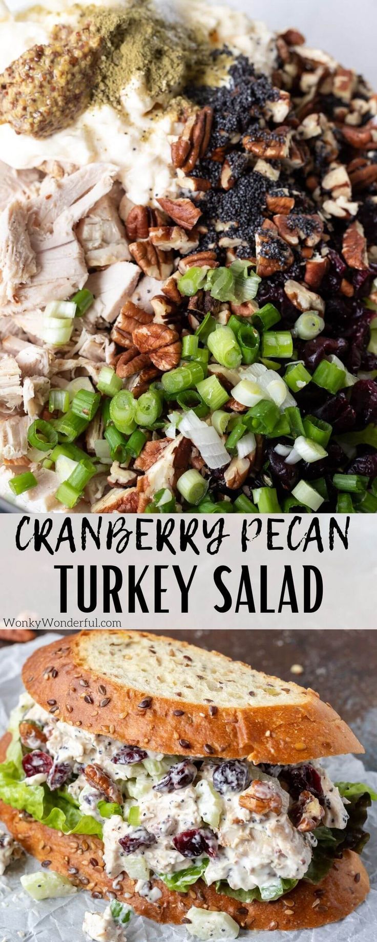 turkey salad with cranberry pecan dressing on top and chicken salad in the middle