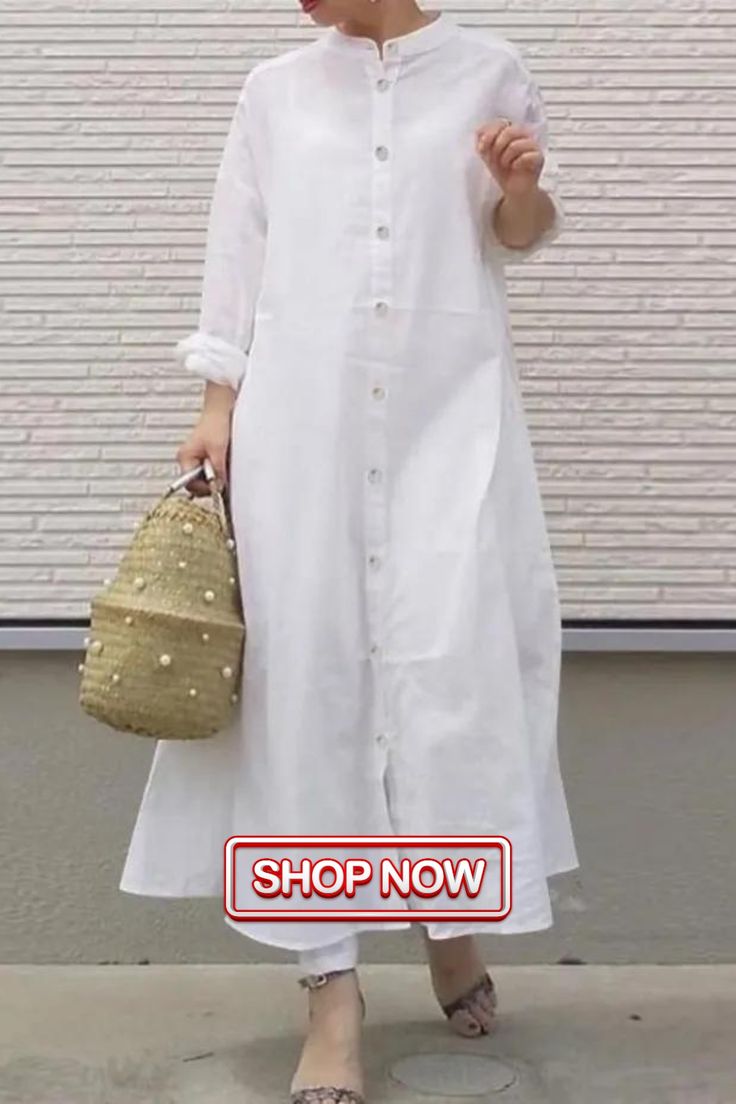 Women Fashion Long Sleeve Vintage Oversize Casual Maxi Dress Cupro Dress, Loose Shirt Dress, Collar Shirt Dress, Mandarin Collar Shirt, Loose Cardigan, Dress Sleeve Length, Collared Shirt Dress, Cotton Linen Dresses, Chiffon Dress Long