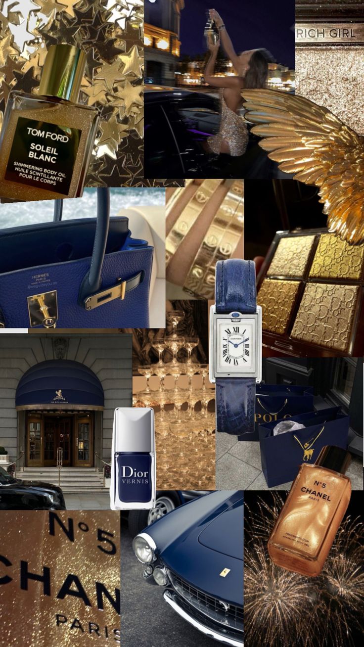 a collage of photos with gold and blue