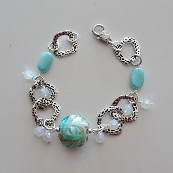 Aqua Bead Bracelet-Silver Linked Bracelet-Beach-Glass Bead Elegant Turquoise Bracelets For Beach, Turquoise Faceted Beads Bracelets For Beach, Turquoise Bracelet With Silver Beads, Beach Jewelry Bracelet With Faceted Beads, Beach Jewelry Faceted Bead Bracelets, Bohemian Silver Charm Bracelet For Beach, Silver Bohemian Charm Bracelet For Beach, Beaded Sterling Silver Bracelets, Czech Glass Beaded Chain Jewelry For Beach