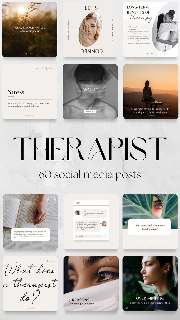 therapist social media posts are displayed in different styles and sizes, including one with