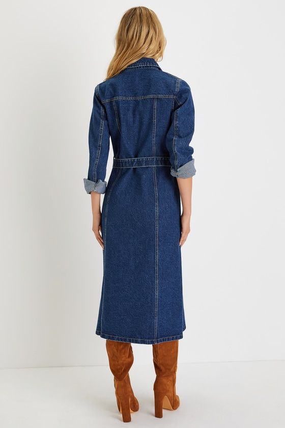 Denim is always an iconic choice, so elevate your seasonal wardrobe with the Lulus Edgy Instinct Dark Wash Denim Long Sleeve Midi Dress! Sturdy cotton denim shapes this undeniably cool dress that has long sleeves with snap-button cuffs and a collared neckline. Bodice boasts two flap pockets with snap closures and a full snap button placket at front. Waist features belt loops and a removable sash belt, atop a column-style skirt that ends at a midi hem. Fit: This garment fits true to size. Length: Indigo Long Sleeve Denim Dress With Pockets, Dark Wash Long Sleeve Dresses For Work, Long Sleeve Denim Dress In Relaxed Fit, Fall Relaxed Fit Denim Blue Denim Dress, Denim Blue Belted Denim Dress, Long Sleeve Dark Wash Dresses For Work, Cotton Denim Dress With Pockets For Work, Winter Blue Cotton Denim Dress, Winter Cotton Midi Dress