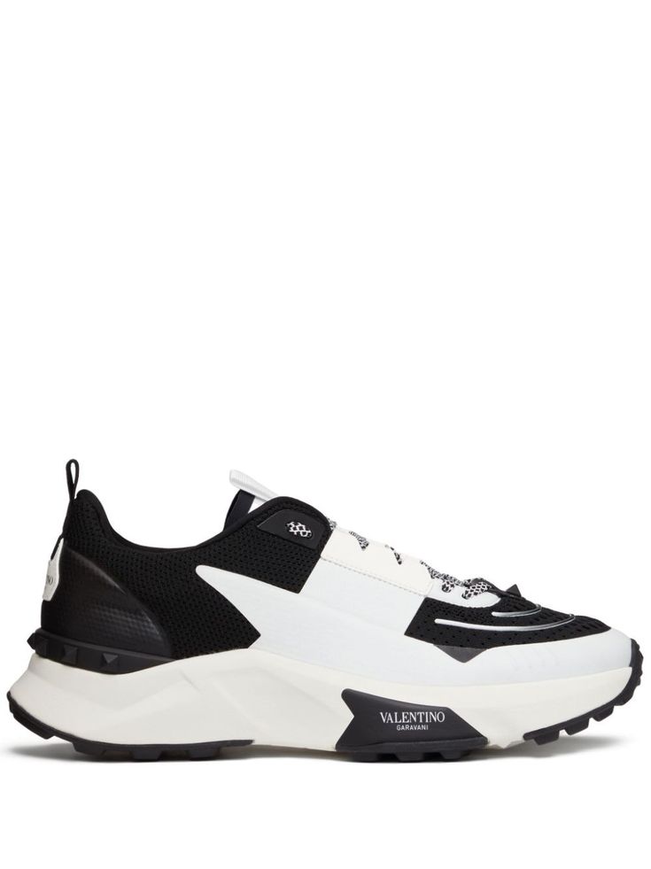 black/white calf leather mesh panelling signature Rockstud detailing branded heel counter logo at the sole round toe front lace-up fastening double pull-tab at the opening branded insole chunky rubber sole