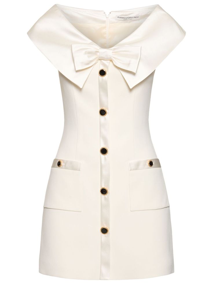 Front button closure. Bow detail at neckline. Lined. Model is wearing a size38 Luxury Summer Workwear Mini Dress, Black White Outfit, Clueless Outfits, Rich Women, Tuxedo Dress, Alessandra Rich, Mini Velvet Dress, Kpop Outfits, White Mini Dress