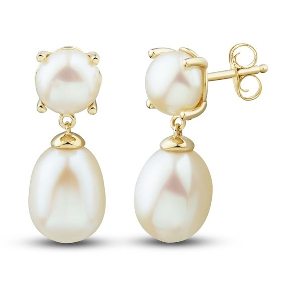 Lustrous freshwater cultured pearls dangle elegantly from posts adorned with even more freshwater cultured pearls in these glamorous 5.5mm women's dangle earrings. Fashioned in 14K yellow gold, the earrings secure in place with friction backs. Diamond And Pearl Earrings, Cabin Door, Bento Cakes, Bridal Jewellery Inspiration, Queens Jewels, Thrift Inspo, Wedding Earring, Fashion Slides, Bridal Jewelry Vintage