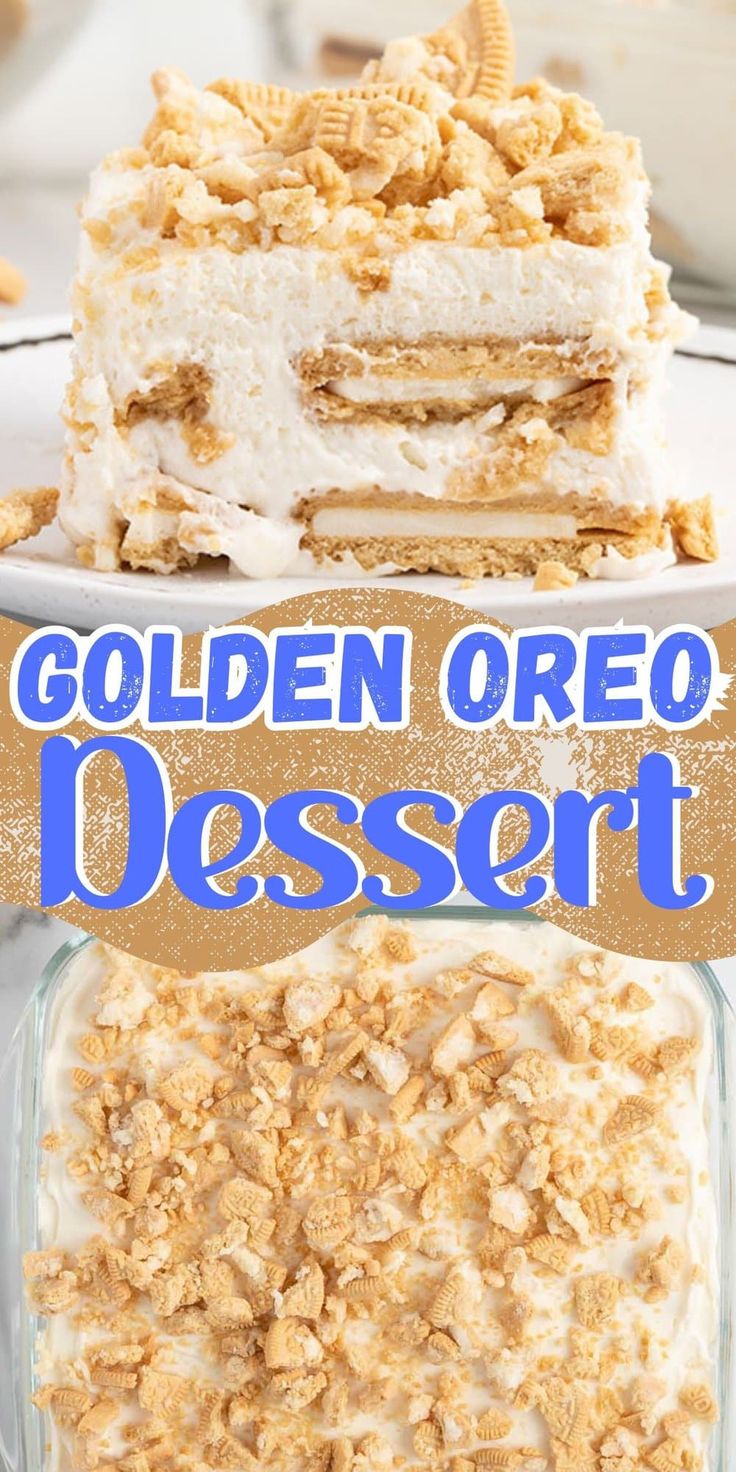 golden oreo dessert on a platter with the title overlay reads golden oreo dessert