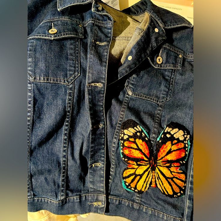 Women’s Hand Embroidered Denim Jacket. Xl Fitted Denim Jacket With Custom Embroidery For Fall, Multicolor Embroidered Denim Jacket With Pockets, Blue Denim Outerwear With Custom Embroidery, Denim Jacket With Multicolor Embroidery And Pockets, Embroidered Dark Wash Denim Jacket For Fall, Casual Denim Jacket With Multicolor Embroidery And Pockets, Embroidered Denim Jacket For Fall, Blue Denim Jacket With Embroidered Patch For Spring, Blue Embroidered Denim Vest