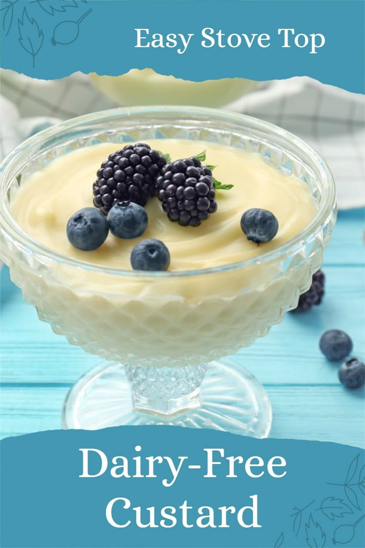 a dessert with berries on top and the words easy stove top dairy - free custard