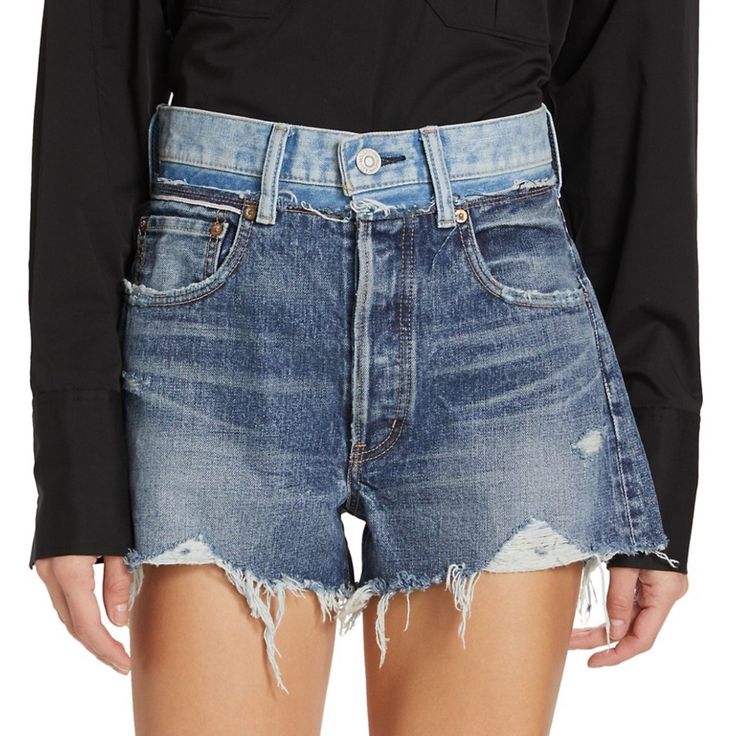 Nwt! Cut In A Wide-Leg Silhouette, Moussy Vintage's Lewiston Denim Shorts Boast A Colorblocked Waistband And Scattered Distressed Hem. 100% Cotton. Made In Japan Belt Loops Button Fly Five-Pocket Style Raw Hem Back Leather Logo Patch Size & Fit Rise, About 11.5" Inseam, About 3" Leg Opening, About 12.25" Blue Denim Shorts With Belt Loops, Blue Short Jeans With Belt Loops, Blue High-rise Jean Shorts With Belt Loops, Blue Shorts With Belt Loops, Chic Blue Jeans With Short Length, Chic Blue Short Length Jeans, Chic Short Length Blue Jeans, Blue Jean Shorts With Belt Loops, Chic Short Blue Jeans