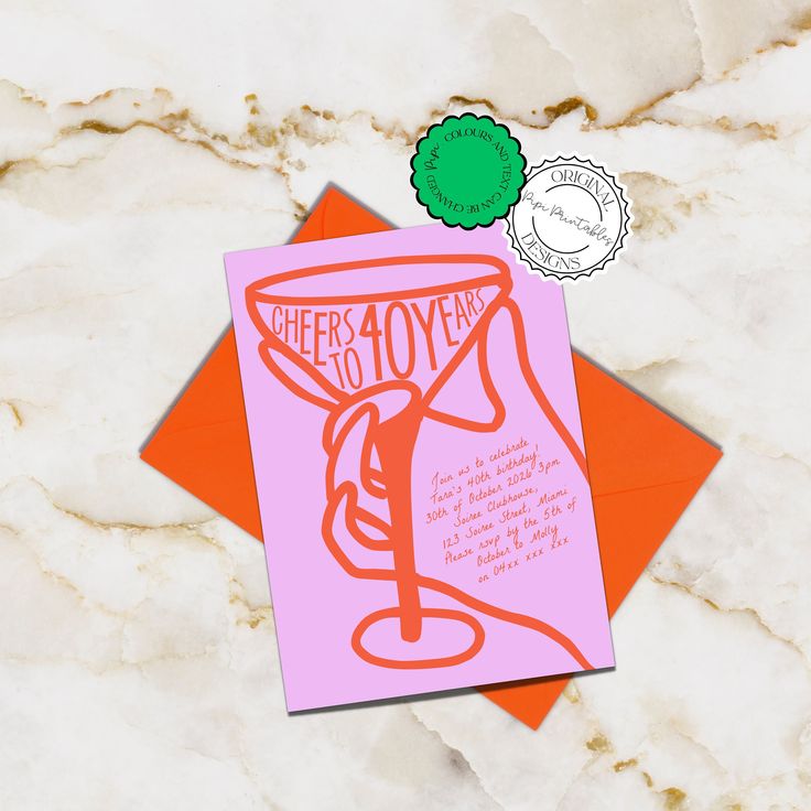 an orange and pink greeting card with the words coffee as joy on it next to a red envelope