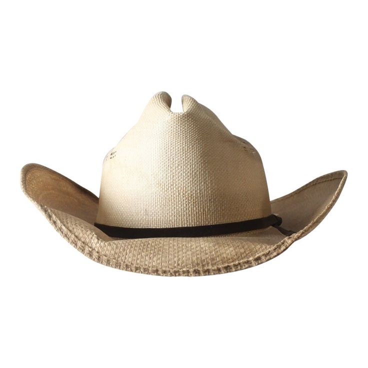 This vintage Rockmount Ranch Wear hat is as classic as they come. With a black hat band and crease, you can make a traditional western statement. The distressed look gives the straw hat a unique character, with darkening and subtle streaking of the tone. The style of hat is "Desert Wind."   MARKED SIZE:  7 3/8 MEASUREMENTS Circumference:  22.75"  ..  57.8 cm Brim:  3.75"  ..  9.5 cm Height:  5"  ..  12.7 cm Classic Curved Brim Sun Hat For Western-themed Events, Western Style Rigid Straw Hat For Rodeo, Western Natural Hat Band For Kentucky Derby, Western Brimmed Panama Hat For Country Events, Western Style Natural Hat Band For Kentucky Derby, Western Straw Panama Hat For Western-themed Events, Natural Western Style Hat Band For Kentucky Derby, Classic Straw Hat Band For Western-themed Events, Western Toquilla Straw Hat For Rodeo