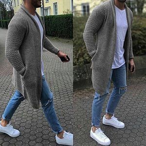 Men's Sweater Long Sleeve Large Cardigan Sweater Fitted Casual Khaki Sweater, Gray Sweater Coat For Fall, Fitted Khaki Fall Sweater, Fitted Khaki Sweater For Fall, Winter Streetwear Sweater With Pockets, Casual Khaki Cardigan For Spring, Brown Cardigan For Fall Streetwear, Fall Streetwear Brown Cardigan, Brown Fall Cardigan For Streetwear