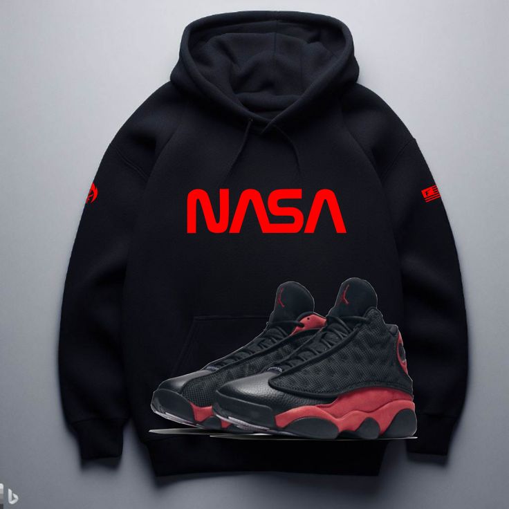 NASA worm logo black hoodie to match Jordan sneakers from Threads On Fire Streetwear. Premium quality print and streetwear brand hoodie Threads on Fire streetwear hoodies will not crack or fade, will not get lint stuck all over after wash, hardly no shrinkage at all, true to size and measurements. Top quality hoodie, great price, fast shipping, money back guaranteed! Ships out via USPS Ground w/ tracking and delivery confirmation. Ships to confirmed address only. We also accept returns and exchanges hassle-free. Adult Men's Hoodie Measurements: Small Chest(arm pit to arm pit)=20 Length(top of shoulder to bottom seam)=25.5" Sleeve(shoulder to wrist)=21.5" Medium Chest(arm pit to arm pit)=21" Length(top of shoulder to bottom seam)=26.5" Sleeve(shoulder to wrist)=22.5" Large Chest(arm pit to Fire Streetwear, Black And Red Hoodie, Air Jordan Retro 13, Jordan 13 Black, Red Jordans, Retro 13, Jordan Sneakers, Air Jordan Retro, Matching Jordans