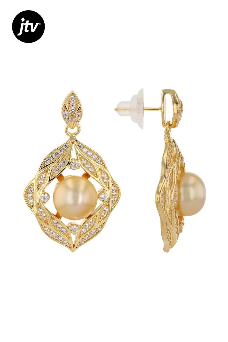 9-10mm Golden Cultured South Sea Pearl and 1.20ctw White Zircon 18k Yellow Gold Over Sterling Silver Earrings. Measure approximately 1 3/8" L x 13/16" W and have push back backings. Colors, shapes, and sizes may vary. Accent stone primarily zircon. Gold Pearl Earrings With Diamond Accents And Cubic Zirconia, Gold Pave Setting Earrings For Formal Occasions, Gold Earrings With Pave Setting For Formal Occasions, Exquisite Gold Earrings With Pave Setting, Luxury Gold Pearl Earrings With Diamond Accents, Gold Pearl Earrings With Cubic Zirconia In Prong Setting, Gold Pearl Earrings With Diamond Accents For Formal Occasions, Formal Gold Pearl Earrings With Cubic Zirconia, Yellow Gold Cubic Zirconia Bridal Earrings For Formal