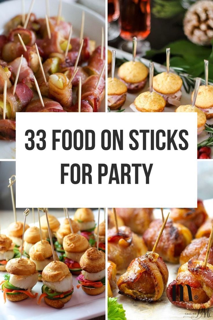 food on sticks for party with text overlay