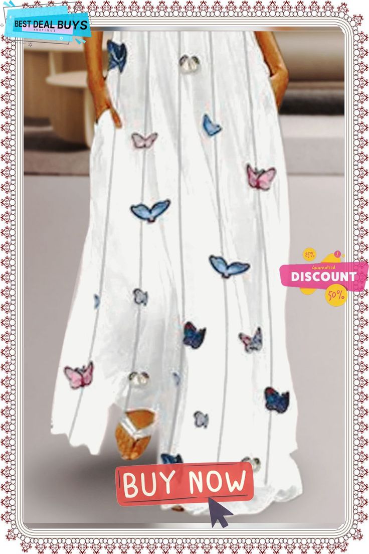 White Round Neck Floral Chiffon Elegant Dresses Summer Chiffon Maxi Dress Non-stretch, Non-stretch Chiffon Maxi Dress For Summer, White Non-stretch Maxi Dress For Beach, Non-stretch White Maxi Dress For Beach, White Non-stretch Maxi Dress For Vacation, Butterfly Print Beach Dresses For Spring, White Butterfly Print Dress For Spring, White Non-stretch Maxi Dress, Casual Dresses With Butterfly Print For Vacation