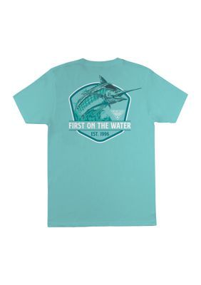 a blue t - shirt with the words first on the water and a fish in it