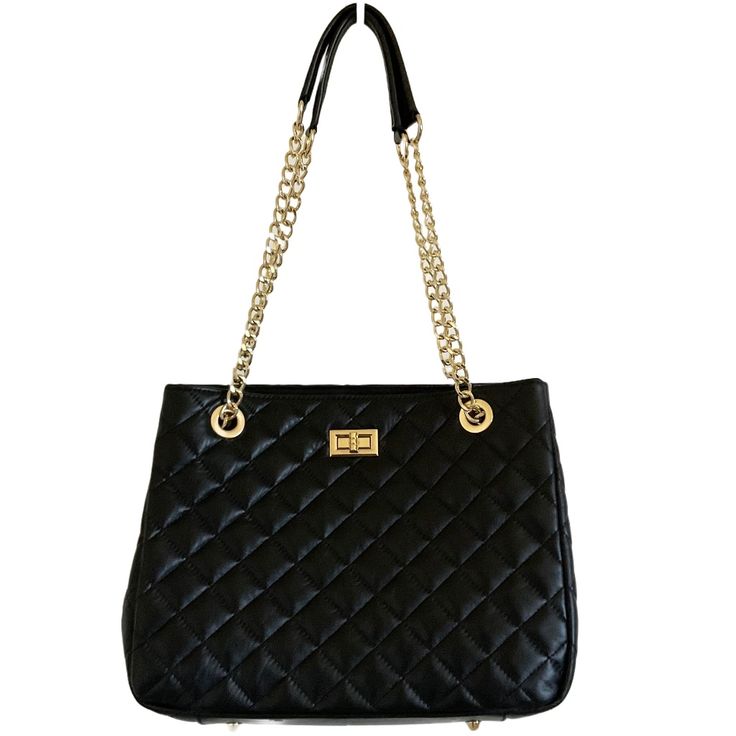 Isabella Rhea Quilted Leather Handbag Bright Gold Chain Shoulder Straps And Hardware New With Tags Made In Italy Everyday Shoulder Bag With Gold Chain, Chic Chain Satchel For Everyday Use, Chic Formal Bag With Chain Detail, Everyday Clutch Bag With Gold Chain, Elegant Satchel Shoulder Bag With Chain Strap, Chic Bag With Gold Chain For Daily Use, Chic Shoulder Bag With Chain Strap For Daily Use, Chic Daily Use Shoulder Bag With Chain Strap, Elegant Satchel With Chain For Daily Use