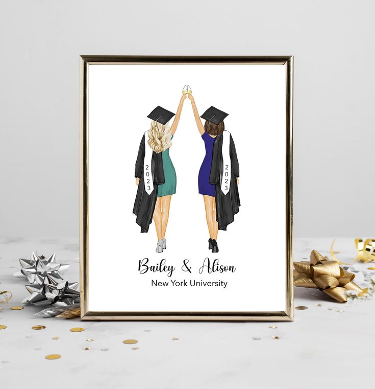 an illustration of two women in graduation gowns holding their hands up to each other