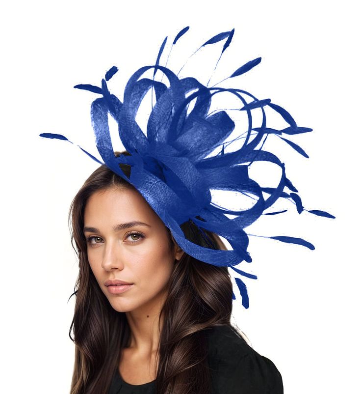 Royal Blue Feather Statement Fascinator Hatinator Hat Kentucky Derby Oaks Ladies Royal Ascot Weddings Cocktail Parties Headpiece Persian  Royal Blue Large Sinamay and Feathers Fascinator Hat Royal blue sinamay loops trimmed with bright blue coque feathers Measures about 14 inches wide, wider with feathers This royal blue headpiece is mounted with a matching headband. If you prefer a headband to match your hair, please make a note at check out what colour headband you want. Looking for a stylish Blue Fascinator For Church And Kentucky Derby, Blue Short Brim Headpiece For Evening, Blue Evening Hats For Spring, Blue Spring Fascinator For Formal Occasions, Blue Costume Hats And Headpieces For Royal Ascot Party, Blue Costume Hats For Royal Ascot Party, Blue Mini Hat With Short Brim For Races, Blue Mini Hats For Kentucky Derby Church Event, Blue Mini Hats For Kentucky Derby And Church