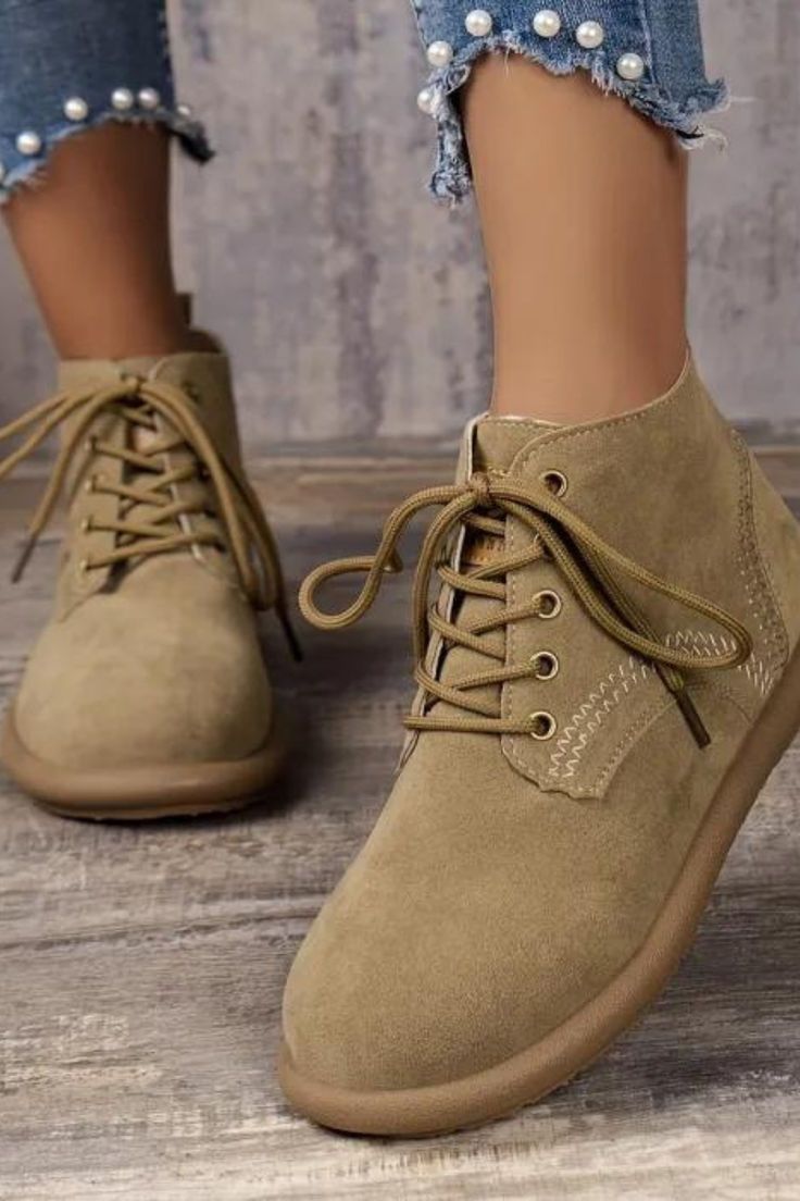 Women's Solid Color Combat Boots, Lace Up Soft Sole Platform Casual Boots, Versatile Round Toe Boots Casual Khaki Martin Boots With Round Toe, Khaki Martin Boots With Round Toe For Fall, Casual Beige Lace-up Boots For Fall, Casual Walking Boots With Flat Heel, Beige Casual Martin Boots, Beige Casual Round Toe Boots, Casual Beige High-top Lace-up Boots, Casual Beige Round Toe Boots, Casual Khaki Lace-up Boots