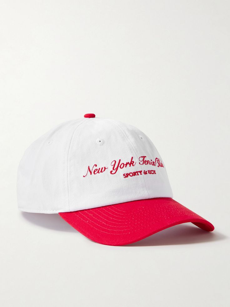 Sporty & Rich's baseball cap is embroidered with 'New York Tennis Club' plus the logo in red threads to match the contrasting brim. It's made from cotton-twill and has eyelets for breathability and an adjustable back tab. Embroidered Logo Dad Hat For Baseball Season, Sporty Summer Hat With Embroidered Logo, Luxury Sporty Cap, Baseball Season Embroidered Logo Dad Hat, Sporty Six-panel Hat With Embroidered Logo, Sporty Six-panel Dad Hat With Embroidered Logo, Sporty And Rich Cap, Classic Cotton Baseball Cap With Logo Detail, Sporty & Rich