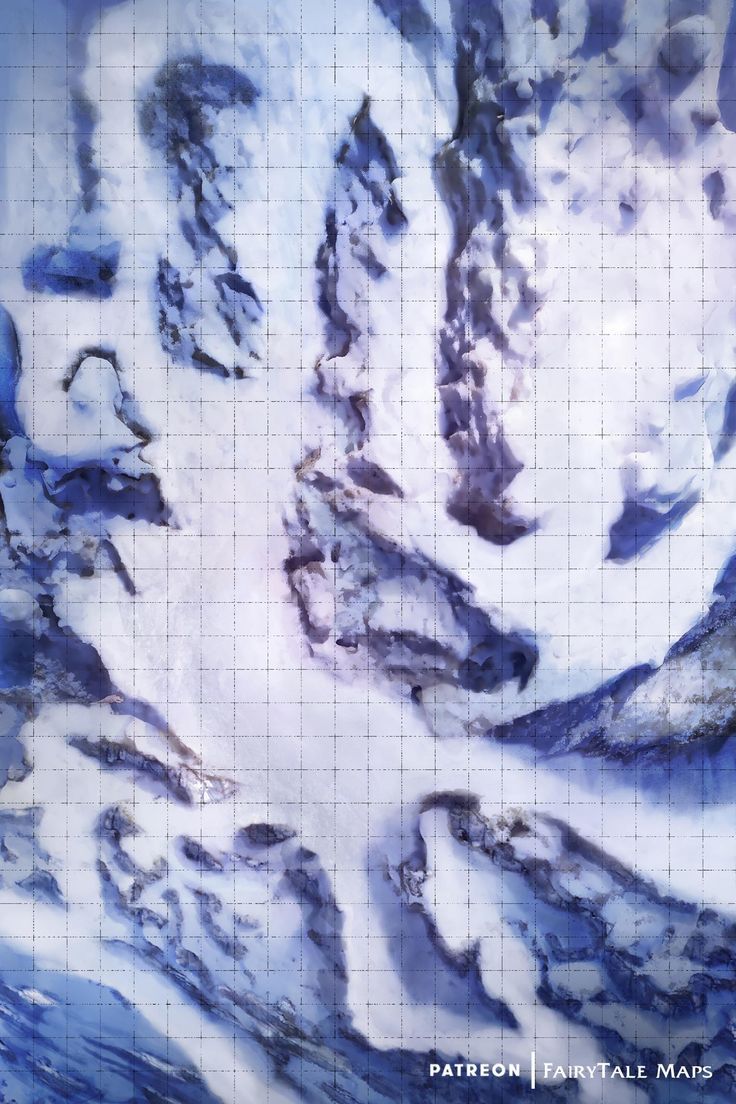 an abstract painting with blue and white colors on the side of a tiled wall that is covered in snow