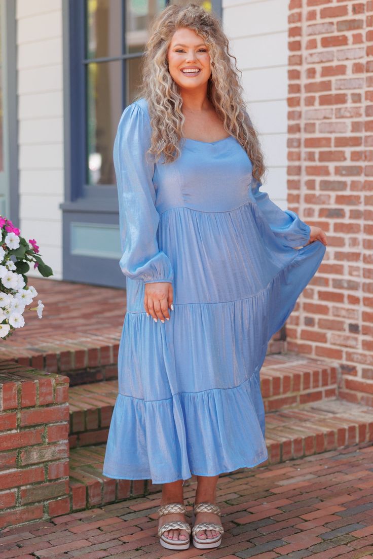 This FAB dress is a perfect choice for any occasion! Its figure-flattering fit and beautiful blue color make it a stylish addition to your wardrobe! With a midi length, you can be sure to look effortlessly elegant and on-trend with this dress! 30% Nylon, 70% Rayon Chic Light Blue Midi Dress For Day Out, Modest Blue Maxi Dress For Party, Chic Light Blue Midi Dress For Fall, Chic Flowy Blue Midi Dress, Light Blue Flowy Maxi Dress, Elegant Blue Maxi Dress For Day Out, Blue Flowy Midi Dress For Day Out, Blue Modest Midi Dress For Brunch, Modest Blue Midi Dress For Brunch