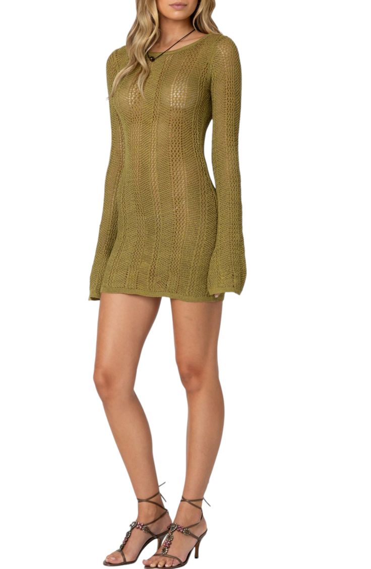 Go from pool to party (or vice versa) with minimal effort and maximum elegance wearing this crochet-look minidress designed with a spine-framing back cutout. Ties at back Ballet neck Long sleeves Semisheer 45% cotton, 45% polyester, 10% elastane Machine wash, dry flat Imported Chic Crochet Mini Dress For Night Out, Stretch Mini Dress For Fall Vacation, Fitted Crochet Beach Dress For Spring, Fitted Crochet Dress For Spring Beachwear, Open Knit Mini Dress, Fitted Crochet Dress For Spring Night Out, Spring Crochet Dress Fitted For Night Out, Fitted Long Sleeve Mini Dress For Beachwear, Summer Crochet Mini Dress For Night Out