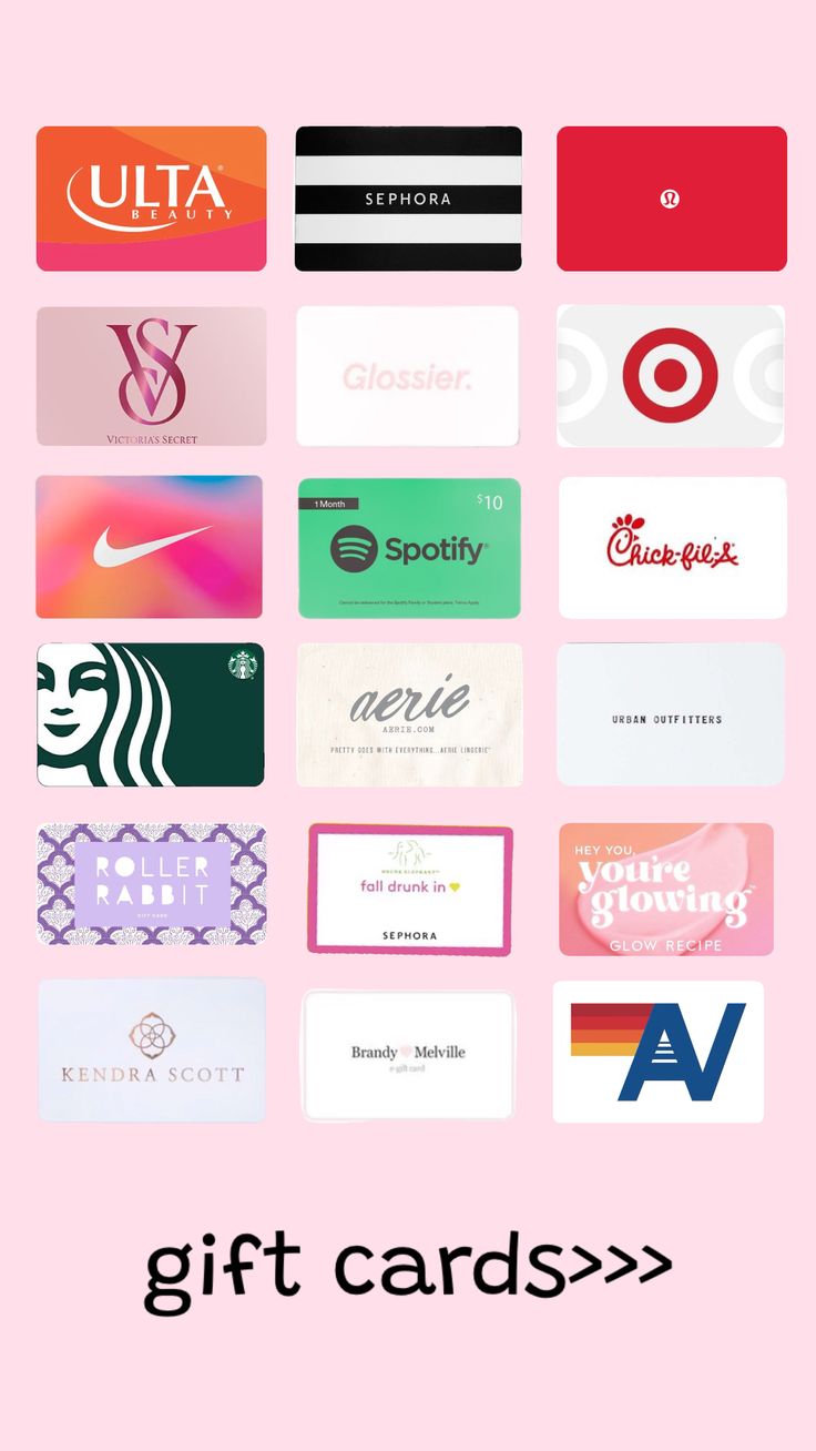 a pink background with different types of credit cards and the words gift cards on it