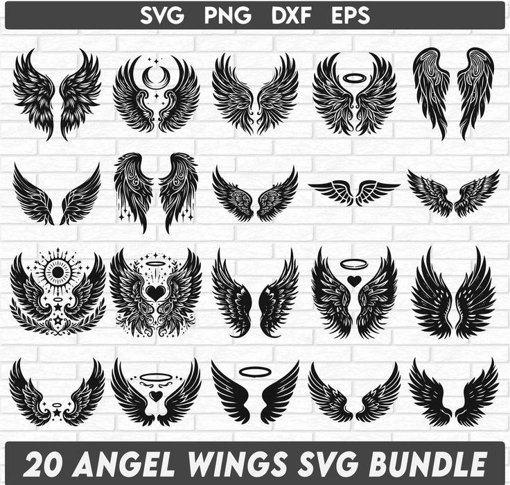 the 20 angel wings svg bundle is shown in black and white, on a brick wall