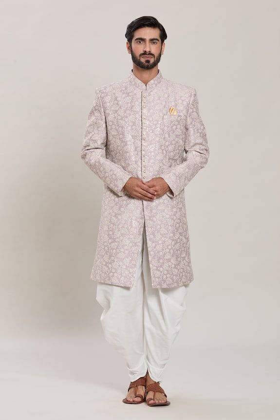 Pink full sleeves malai silk kurta with all over Gul embroidery using zari and sequin highlights. Paired with a white peshawari pant. - Aza Fashions Bollywood Style Chanderi Sherwani With Intricate Embroidery, Raw Silk Bandhgala With Resham Embroidery, Bollywood Style Cotton Silk Sherwani For Designer Wear, Designer Cotton Silk Bandhgala With Dupatta, Bollywood Style Cotton Silk Sherwani, Festive Cotton Silk Sherwani With Dupatta, Festive Chanderi Sherwani With Zari Work, Silk Sherwani With Cutdana In Straight Kurta Style, Designer Cotton Silk Sherwani With Traditional Drape