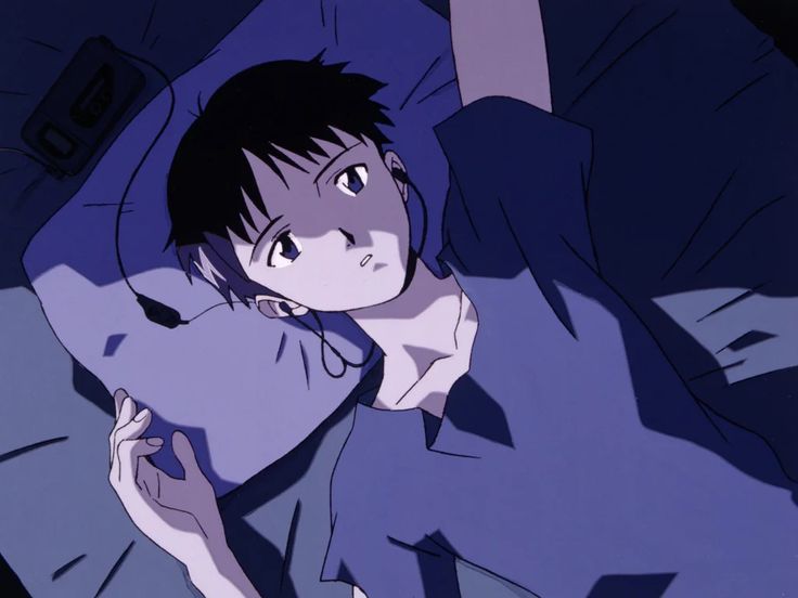 an anime character laying in bed with his head on the pillow