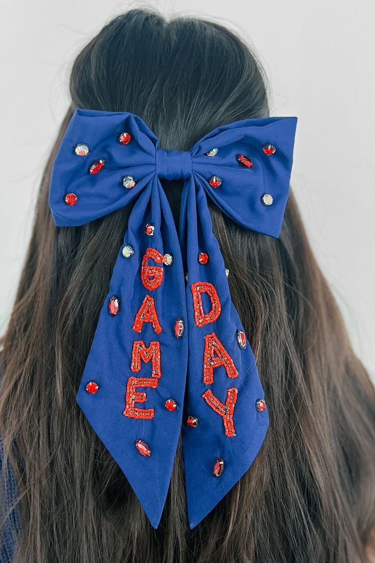 Pep Squad Beaded Barrette Hair Bow (Navy/Red) - NanaMacs Custom Hair Bows, Homecoming Mum Hair Bow, Football Game Attire, Christmas Cheer Bows, Turkey Hair Bow, Pep Squad, Cheer Ribbon, Birthday Hair Bow, Holiday Hair Bows