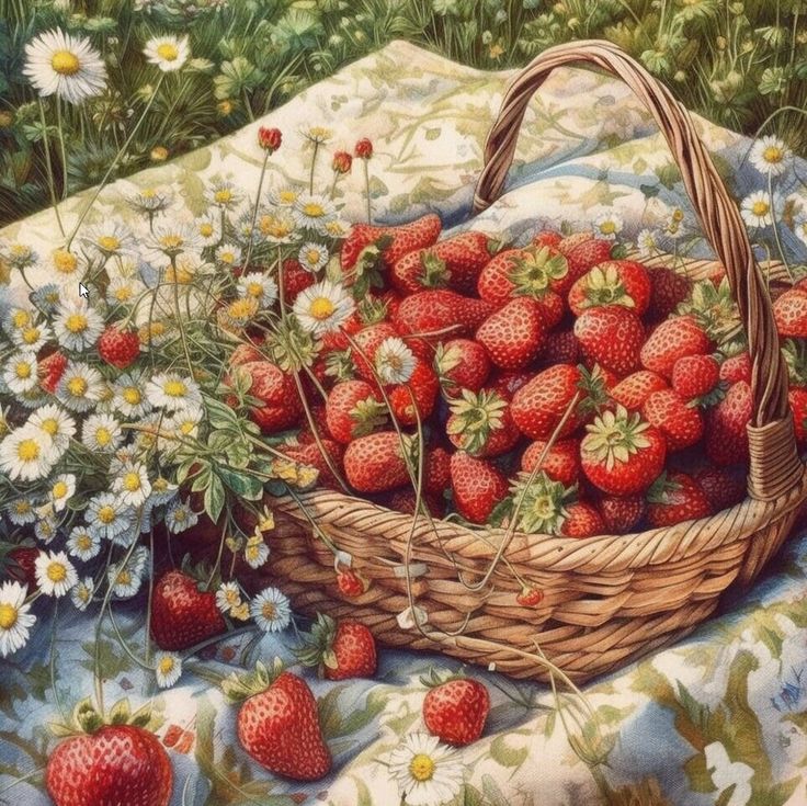 a painting of strawberries and daisies in a wicker basket on a blanket