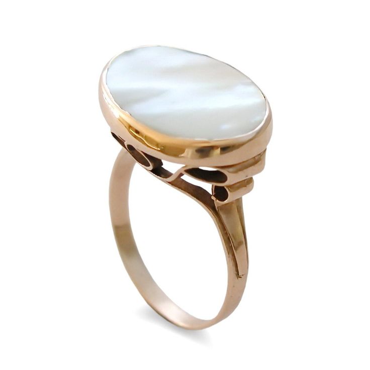 "RG1219 Magical large white shell gemstone ring with lots of character. Filigree design rose gold is surrounding the flat oval shell with its different white color shades . The inlaying of the stone is done in a special technique from the top and the bottom of the ring. To produce rose gold, gold is alloyed with copper to give it a warm pink hue. Given that the gemstones are natural and our jewelry is handmade especially for you, please consider that color variations and slight variances are nor White Stone Ring, Pink Sapphire Ring Engagement, Engagement Ring Oval, Pearl Engagement Ring, Vintage Style Engagement Rings, Gold Statement Ring, Shell Ring, Victorian Rings, Engagement Rings Oval