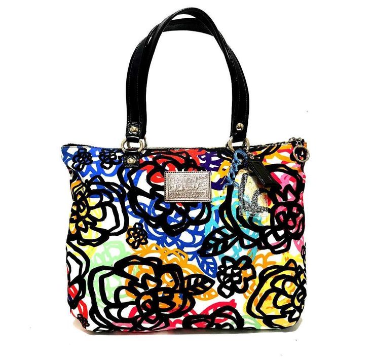 NICE COACH MULTICOLOR FLORAL POPPY GRAFFITI PRINT TOTE SHOULDER BAG PURSE WOW! Multicolor Coach Bags For Spring, Trendy Multicolor Coach Shoulder Bag, Multicolor Double Handle Coach Shoulder Bag, Trendy Multicolor Floral Print Bag, Coach Poppy Bag, Coach Floral Print Bags For Everyday Use, Multicolor Coach Shoulder Bag With Double Handle, Chic Multicolor Floral Print Shoulder Bag, Multicolor Coach Tote Shoulder Bag