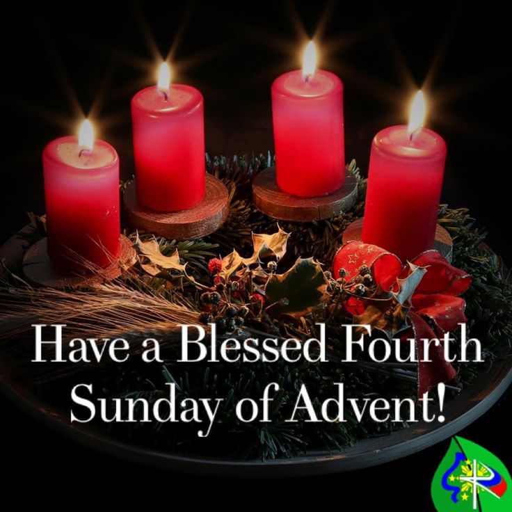 four red candles on a plate with holly and pine cones around it, saying have a blessed fourth sunday of advent