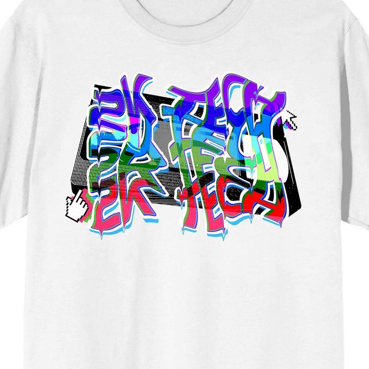 Celebrate your favorite decade with this 2K Tech tee. The shirt features an image of a VHS tape behind colorful letters that repeat the words, "2K Tech." The tee comes in a white short sleeve crew neck. Fans of the 90s will love this comfy cotton t-shirt. Multicolor Hip Hop Tops With Letter Print, 90s Graffiti Print T-shirt For Streetwear, Urban Multicolor Graphic T-shirt, Urban Style Multicolor Graphic T-shirt, Hip Hop Multicolor Tops With Graffiti Print, Urban Graffiti Print T-shirt For Fans, Hip Hop Style Multicolor Tops With Graffiti Print, Multicolor Letter Print T-shirt For Streetwear, Multicolor Letter Print Tops For Streetwear