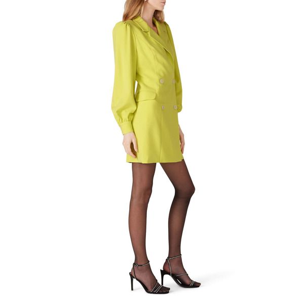 Yellow crepe (62% Polyamide, 6% Elastane, 32% Viscose). Sheath. Long sleeves. V-neckline. Front button closure. Partially lined. 34" from shoulder to hemline. Made in the USA. Fitted V-neck Double-breasted Blazer Dress, Classic V-neck Blazer Dress For Semi-formal, Chic V-neck Single Breasted Mini Dress, Classic Fitted V-neck Blazer Dress, Single Breasted V-neck Evening Dress, Evening V-neck Blazer Dress With Buttons, V-neck Blazer Dress With Button Closure For Evening, Formal V-neck Single Breasted Mini Dress, Elegant Fitted V-neck Dress With Button Closure