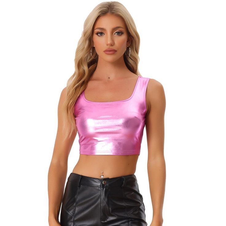 The shiny metallic crop top can be added to your party collection. It is suitable for parties, clubs, cocktails, nights out, and gatherings! The fashionable style highlights your torso well and shows your shoulders at the same time. The perfect eye-catching sleeveless crop top with metallic shining, allows you to shine on the night of the party. You can pair it with hot pants, a leather jacket, or a skirt for a charming look. Trendy Metallic Tank Top For Party, Metallic Fitted Tank Top For Party, Disco Style Tank Top For Party Season, Fitted Shiny Tank Top For Party, Trendy Pink Club Tank Top, Trendy Fitted Metallic Tank Top, Metallic Crop Top For Party Season, Metallic Fitted Trendy Crop Top, Trendy Pink Tank Top For Club