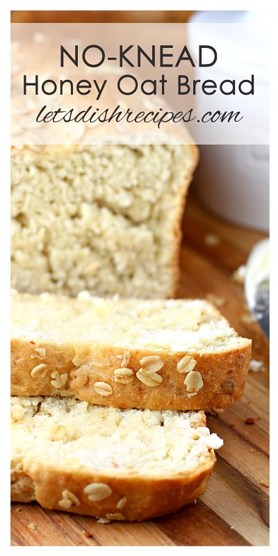 no knead honey oat bread on a cutting board with the text overlay