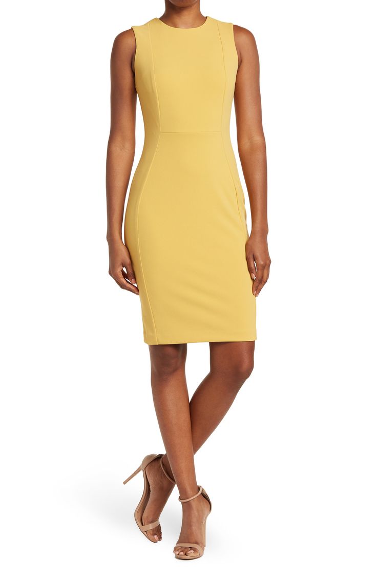 A stylish sheath dress is the perfect piece for your workplace wardrobe.- Crew neck- Sleeveless- Back zip closure- Seam accent- Approx. 38.5" length (size 2)- Imported Dry clean Shell: 94% polyester, 6% spandex Fitted Knee-length Dress With Side Zipper, Chic Stretch Dress With Side Zipper, Flattering Stretch Sleeveless Knee-length Dress, Stretch Midi Length Lined Bodycon Dress, Stretch Bodycon Midi Dress With Lining, Stretch Lined Bodycon Midi Dress, Knee-length Stretch Mini Dress With Side Zipper, Sleeveless Bodycon Dress With Side Zipper For Date Night, Stretch Knee-length Mini Dress With Side Zipper