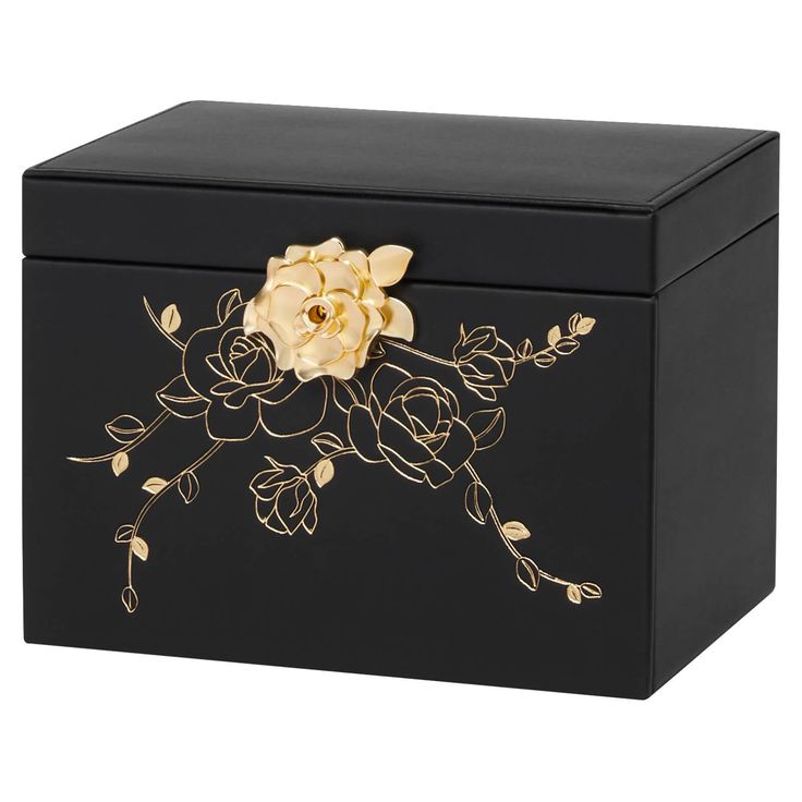 a black box with flowers painted on the side and gold trimming around the lid