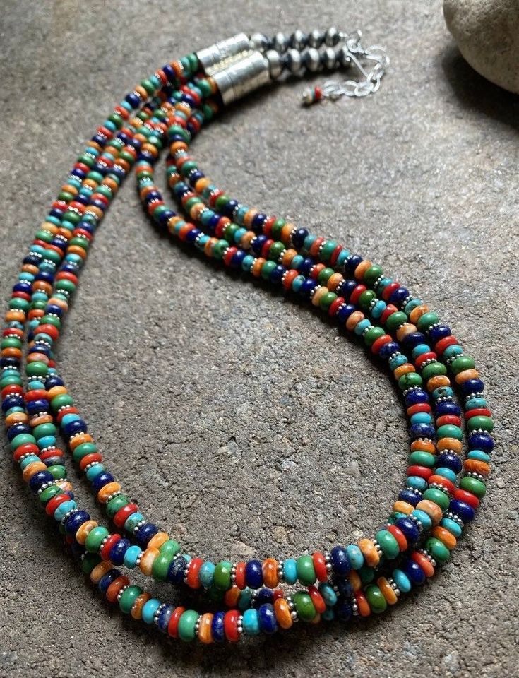 Sterling Silver Multi Strand Multi Stone Bead Necklace. 24 inch Multicolor Spacer Beads Jewelry, Artisan Multi-strand Jewelry With Spacer Beads, Multicolor Rondelle Beaded Bohemian Necklaces, Multicolor Rondelle Bohemian Beaded Necklaces, Multicolor Large Beads Southwestern Jewelry, Multicolor Bohemian Rondelle Beaded Necklaces, Spiritual Multicolor Rondelle Beaded Necklaces, Multicolor Single Strand Rondelle Jewelry, Multicolor Rondelle Single Strand Jewelry