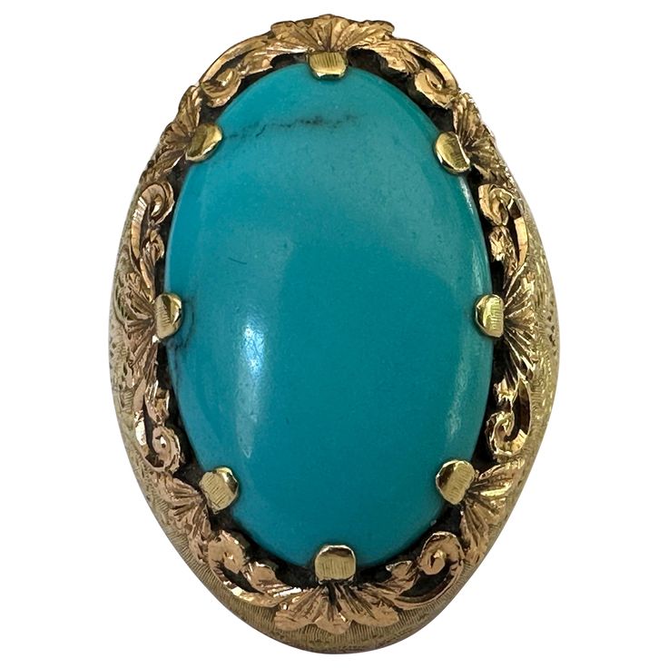 This striking antique cocktail ring features a large natural oval turquoise stone measuring approximately 23.5 X 15.5mm crafted in 18K yellow and rose gold hand-engraved with an intricate floral motif. The captivating color of the turquoise and the fine metalwork make it a true showstopper, embodying the exquisite craftsmanship of the late Art Deco era. Circa 1930-40s. Luxury Untreated Turquoise Collectible Ring, Antique Cocktail Ring, Kubler Ross, Late Art, Gold Cocktail Ring, Gold Cocktail, Gold Hand, Crown Jewels, Art Deco Era