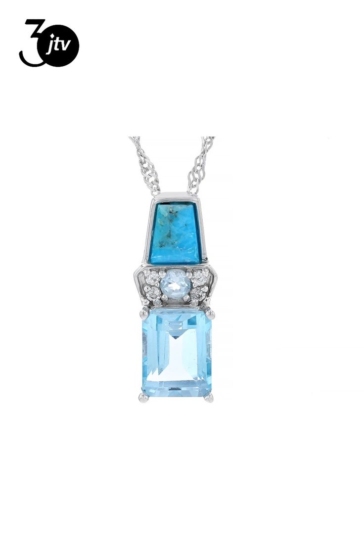 3.15ct Rectangular Octagonal And 0.12ctw Round Glacier Topaz���, Freeform Cabochon Composite Turquoise With .07ctw Zircon Rhodium Over Sterling Silver Pendant With Singapore Chain. Measures Approximately 1"L x 0.39"W. 3.5mm bail. Lobster clasp with 2"extender. Accents stone primarily zircon. This product contains composite turquoise. This means separate pieces of turquoise were bound together. Fine Jewelry Turquoise Blue Topaz, Formal Jewelry With Blue Topaz And Accent Stones, Elegant Turquoise Jewelry With Center Stone, Formal Blue Topaz Jewelry With Accent Stones, Sterling Silver Jewelry With Rectangular Center Stone, Fine Jewelry With Rectangular Gemstone Accents, Fine Jewelry With Gemstone Accents Rectangular Shape, Octagon Diamond Jewelry With Gemstone Accents, White Gold Multi-stone Blue Topaz Jewelry